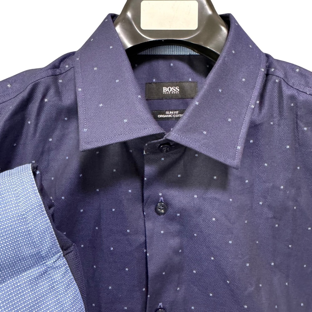 BOSS Hugo Slim Fit Organic Cotton Men Shirt Navy Blue Polka Dot Dress Size 41 16